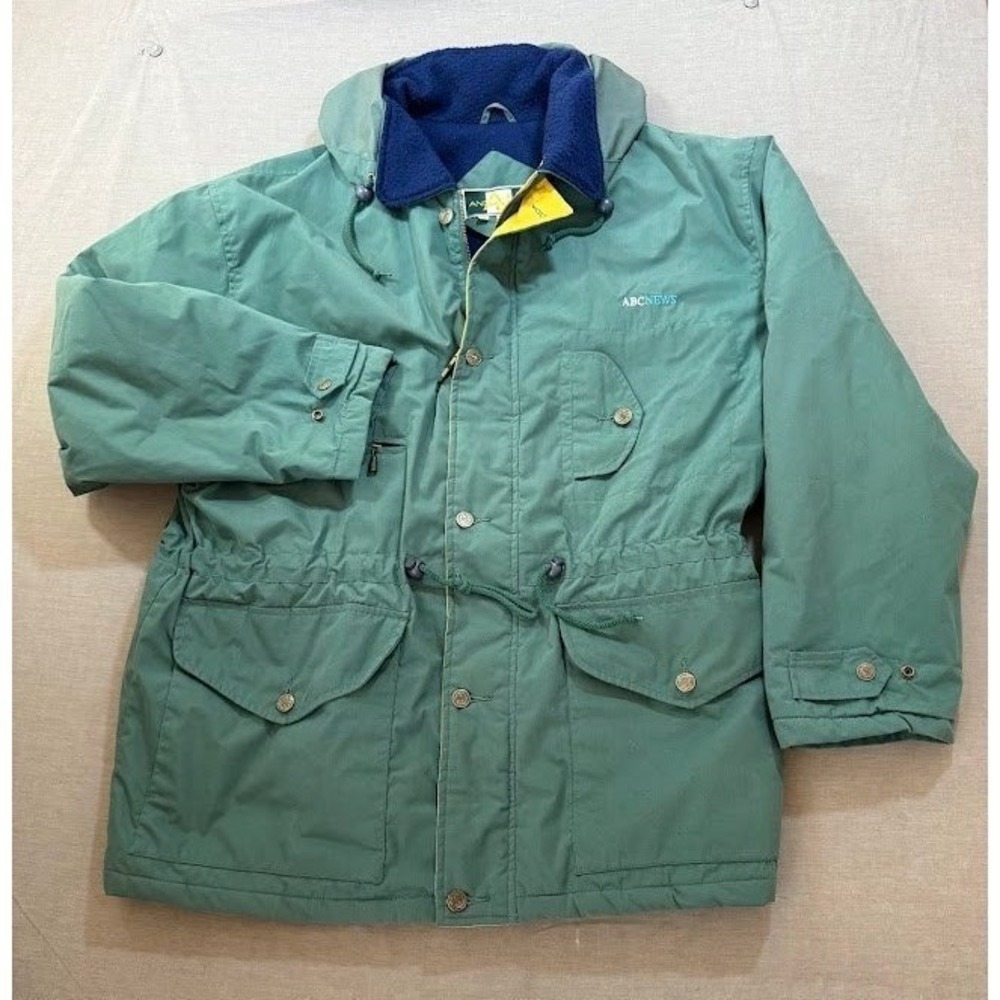Vintage USC Trojans ABC News Parka Jacket Green Fleece Lined Hooded Mens L Rare.